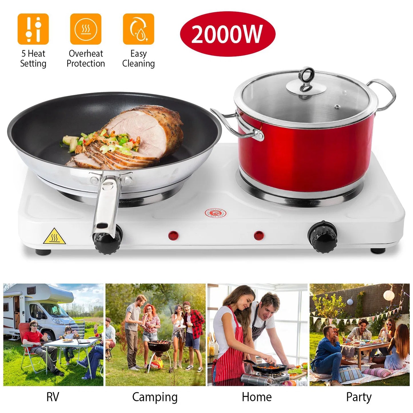 2000W Double Electric Burner - Portable Countertop Hot Plate