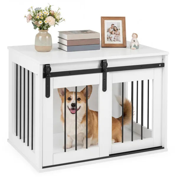 Dog Crate Furniture with Sliding Barn Door - 31.5 Inch Wooden Indoor Kennel & End Table - White
