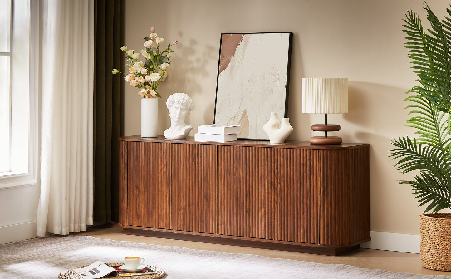 Walnut Sideboard Storage Cabinet with Wave Pattern - 64"