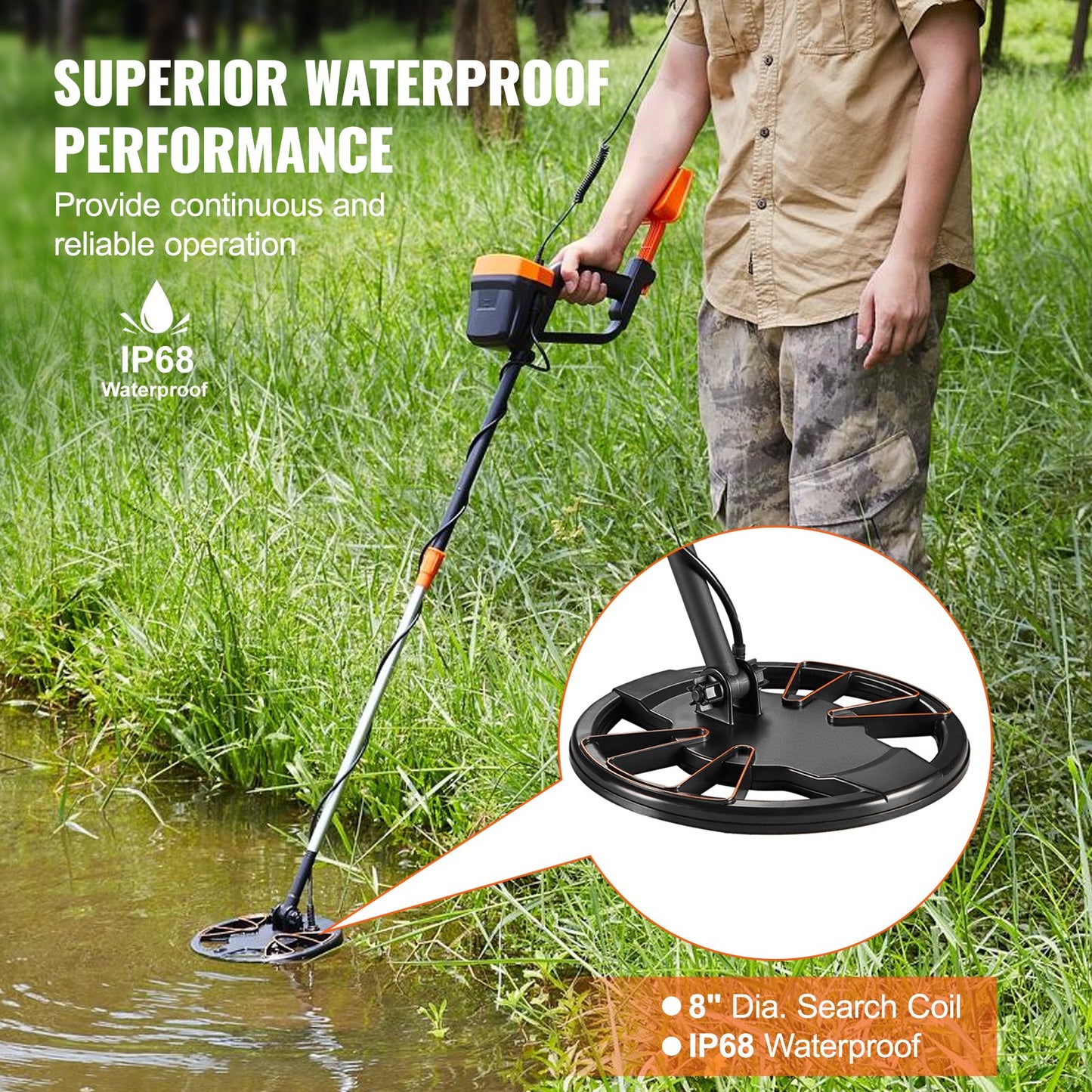Waterproof Metal Detector for Adults & Kids - 8 Inch Search Coil, Adjustable Gold Treasure Finder, Lightweight Aluminum Stem, Multicolor