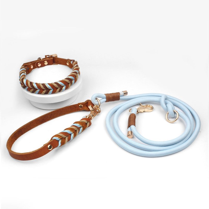 Full-Grain Leather Pet Collar and Hand-Woven Dog Leash Set