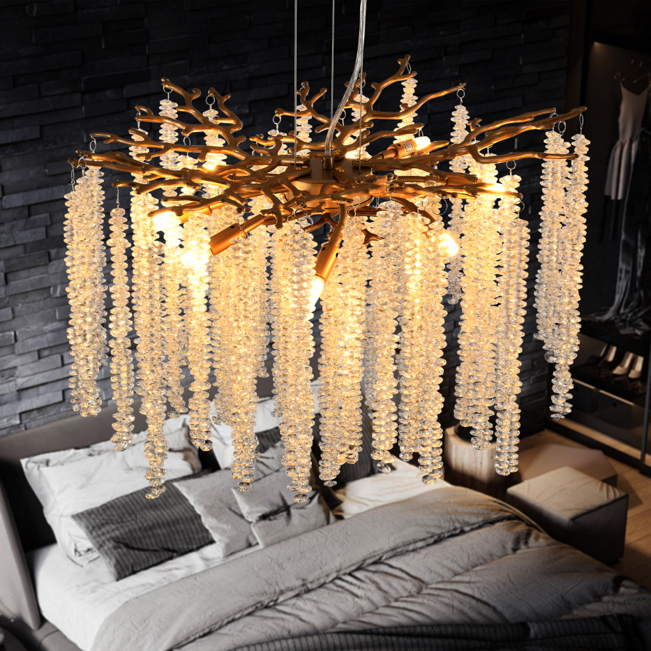 24-Inch Modern Golden Pendant Light with Cascading Crystal Strands for Living & Dining Rooms