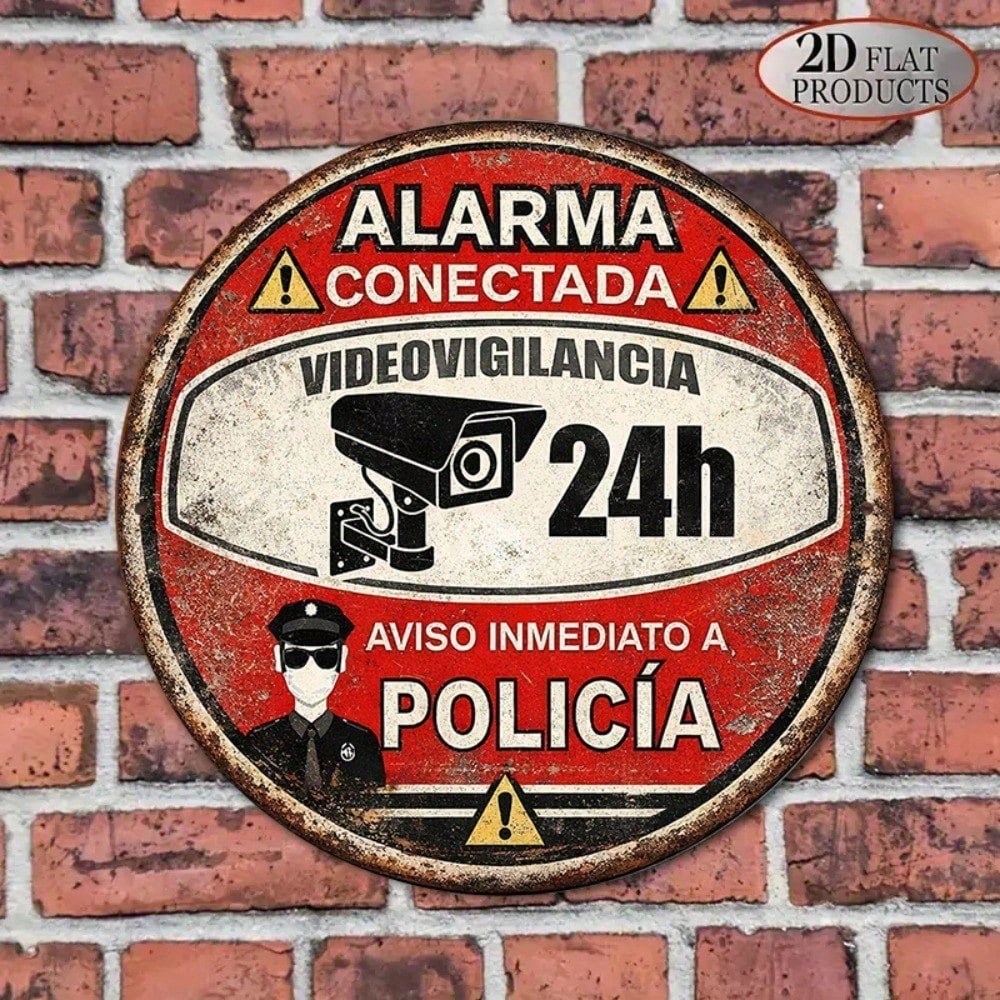 Vintage Spanish 24-Hour Video Surveillance Alarm Sign - Tin