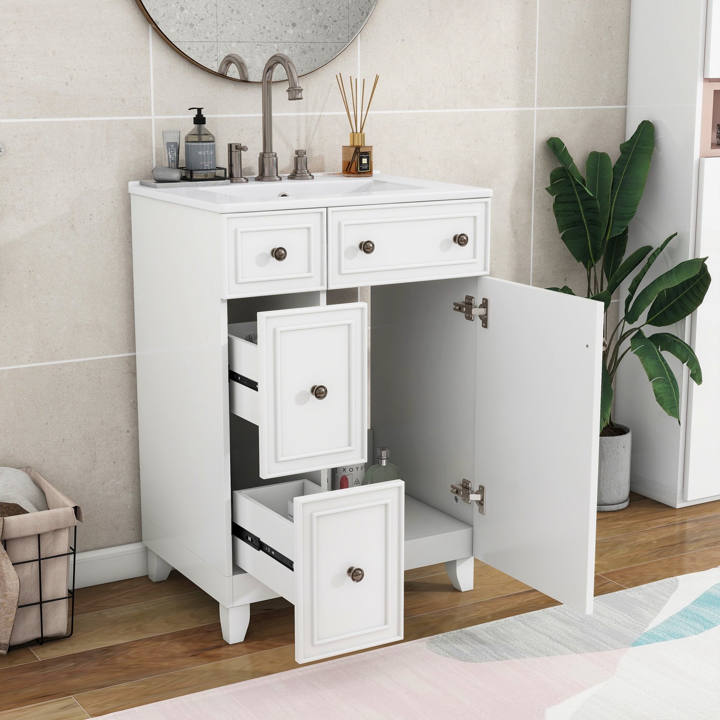 24-Inch Bathroom Vanity Cabinet with Ceramic Sink, 2 Drawers, White