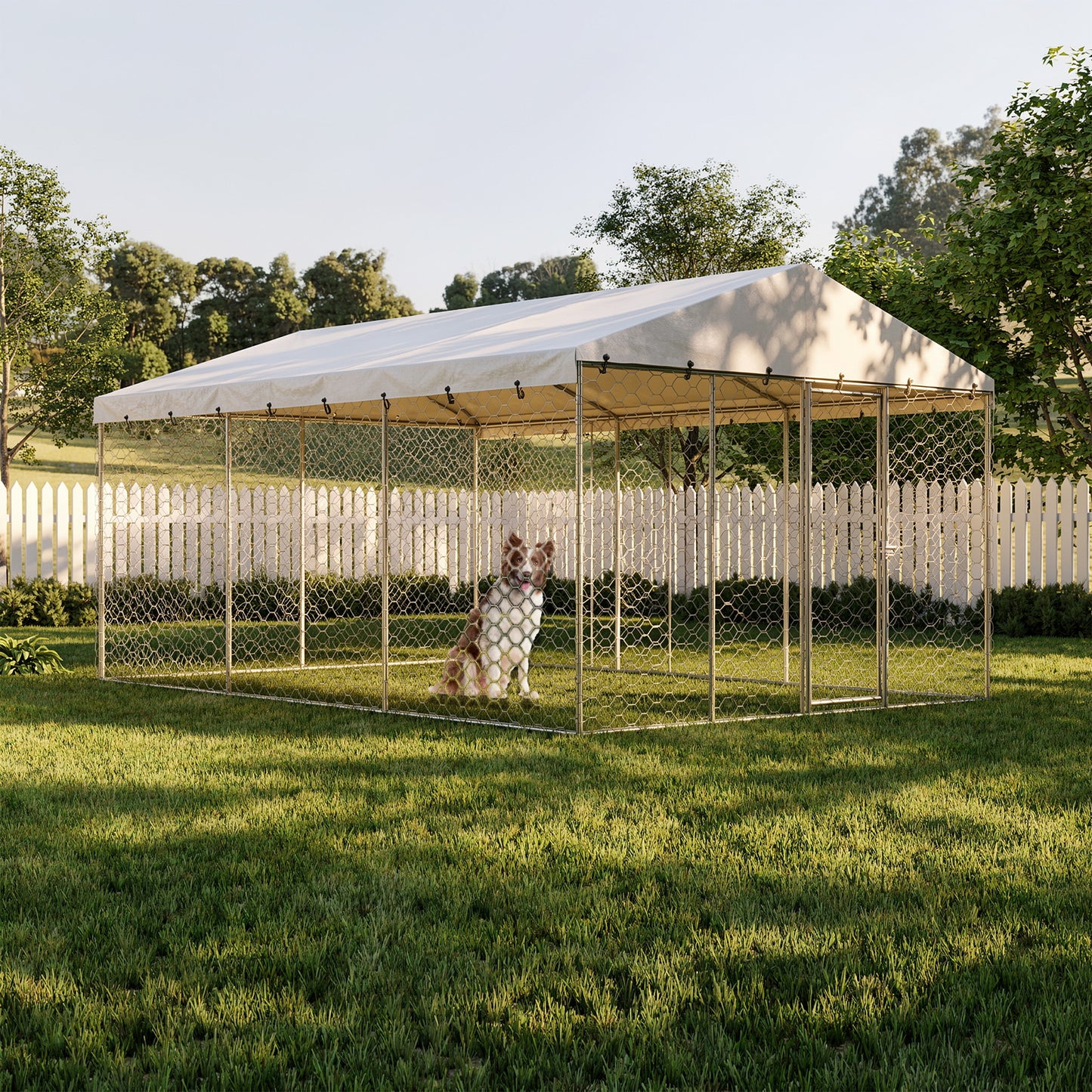 Large Outdoor Dog Kennel with Canopy - Heavy Duty Galvanized Steel Frame, Waterproof Cover, Escape-Proof Locking Pet Pen for Large Dogs
