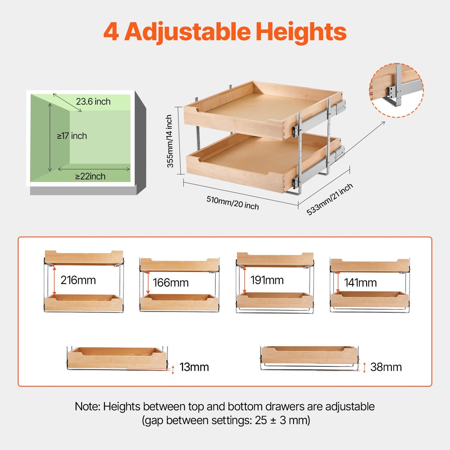 2-Tier Pull-Out Cabinet Organizer - Soft Close Wooden Drawer