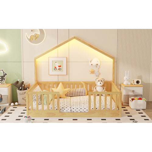 Full Montessori Floor Bed with High Rails & LED Light - Natural