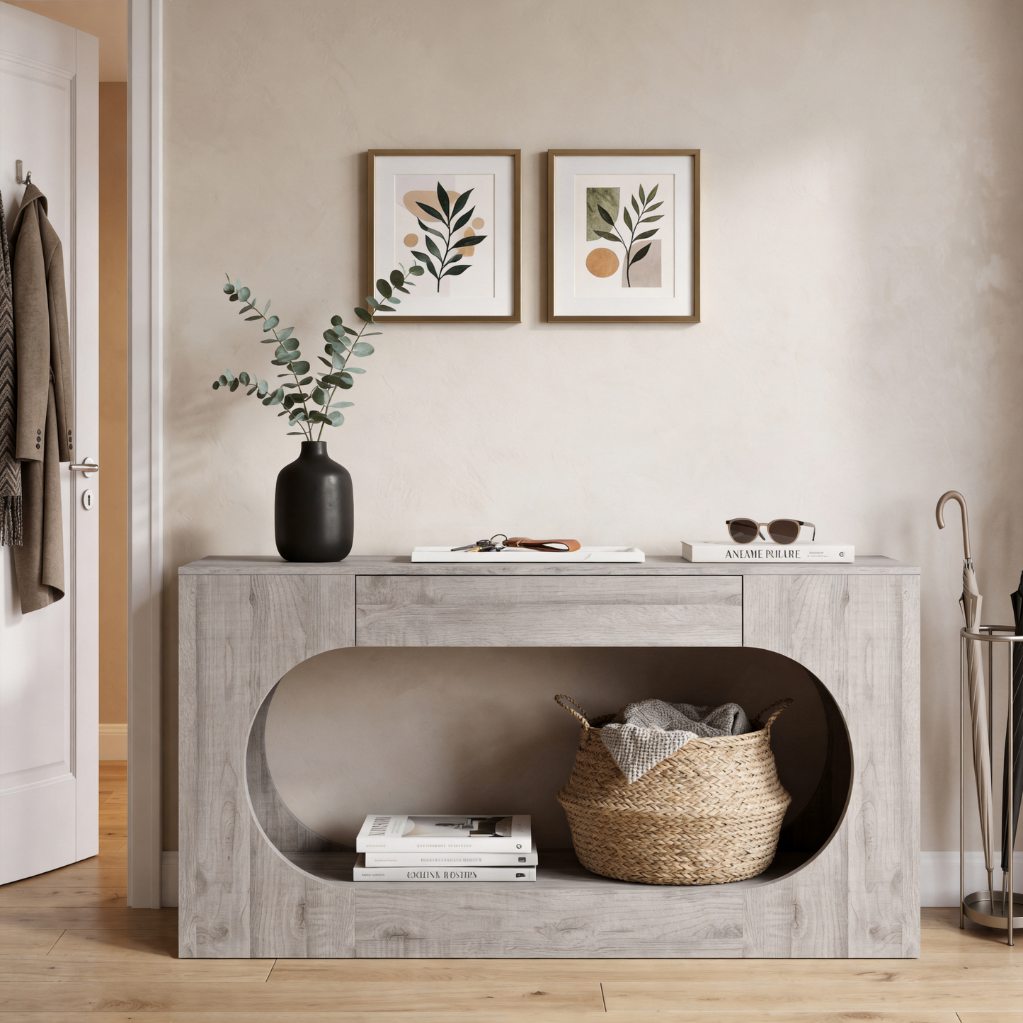 Grey Wood Grain Console Table with Storage Drawer - 63"
