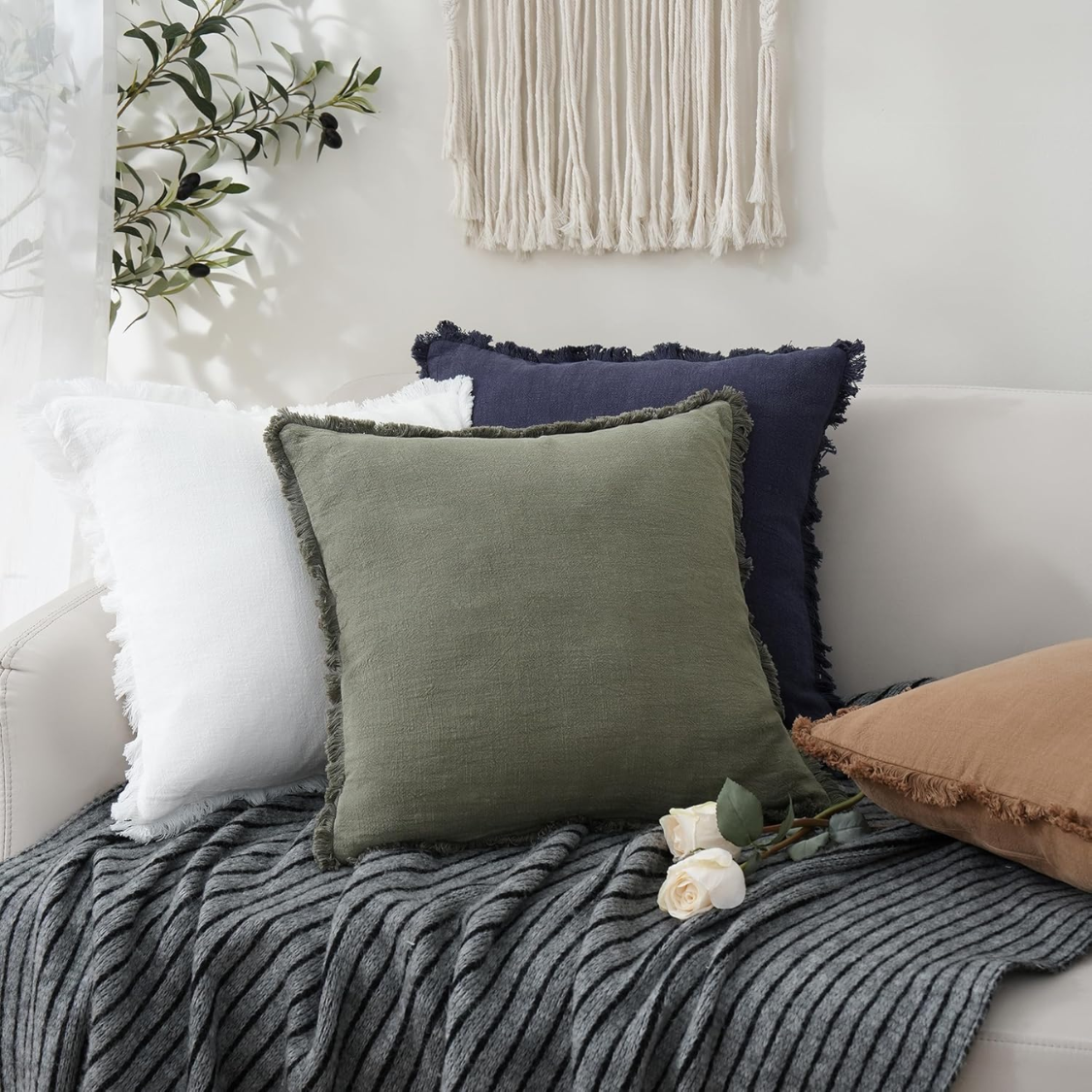 Decorative Linen Fringe Throw Pillow Cover - 18x18 Inch, Olive Green Set of 2