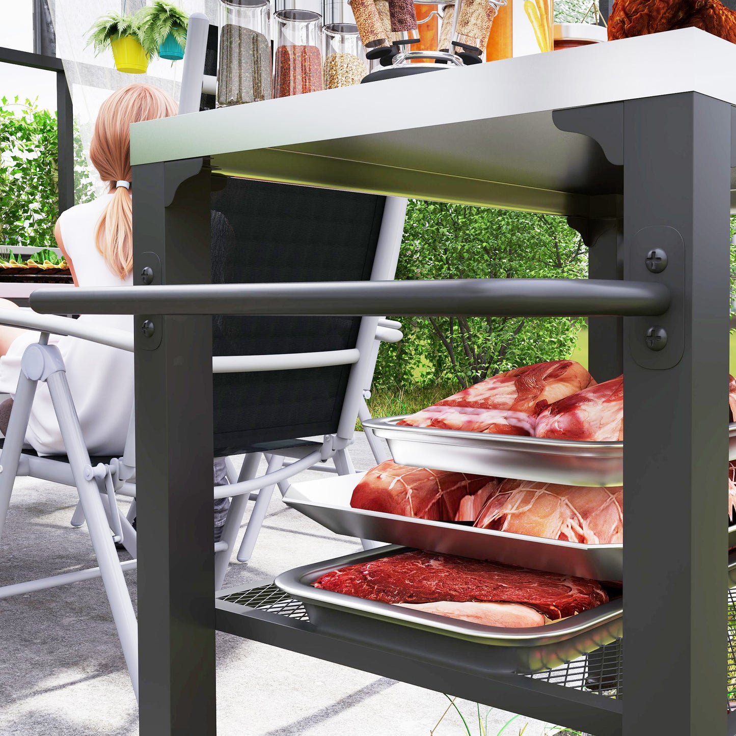 Stainless Steel Outdoor Grill Cart with 3 Shelves & Wheels