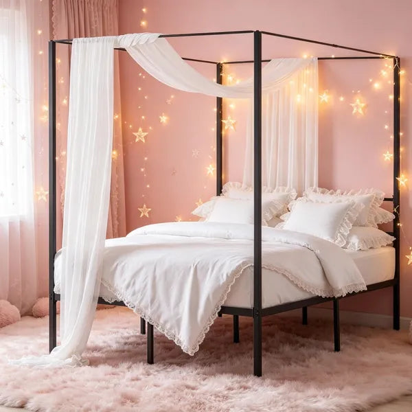 Metal Canopy Bed Frame with Storage - 77.4 x 53.9 in