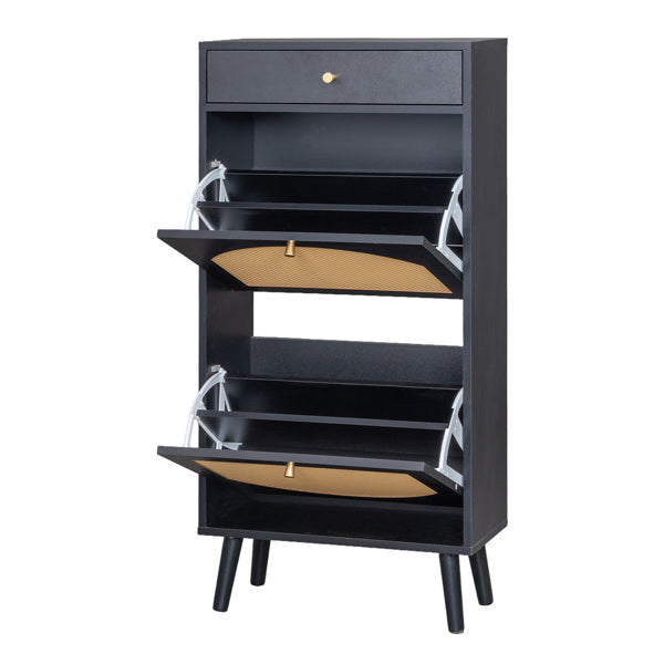 Shoe Cabinet with Drawer and Flip-Top Compartments - Black