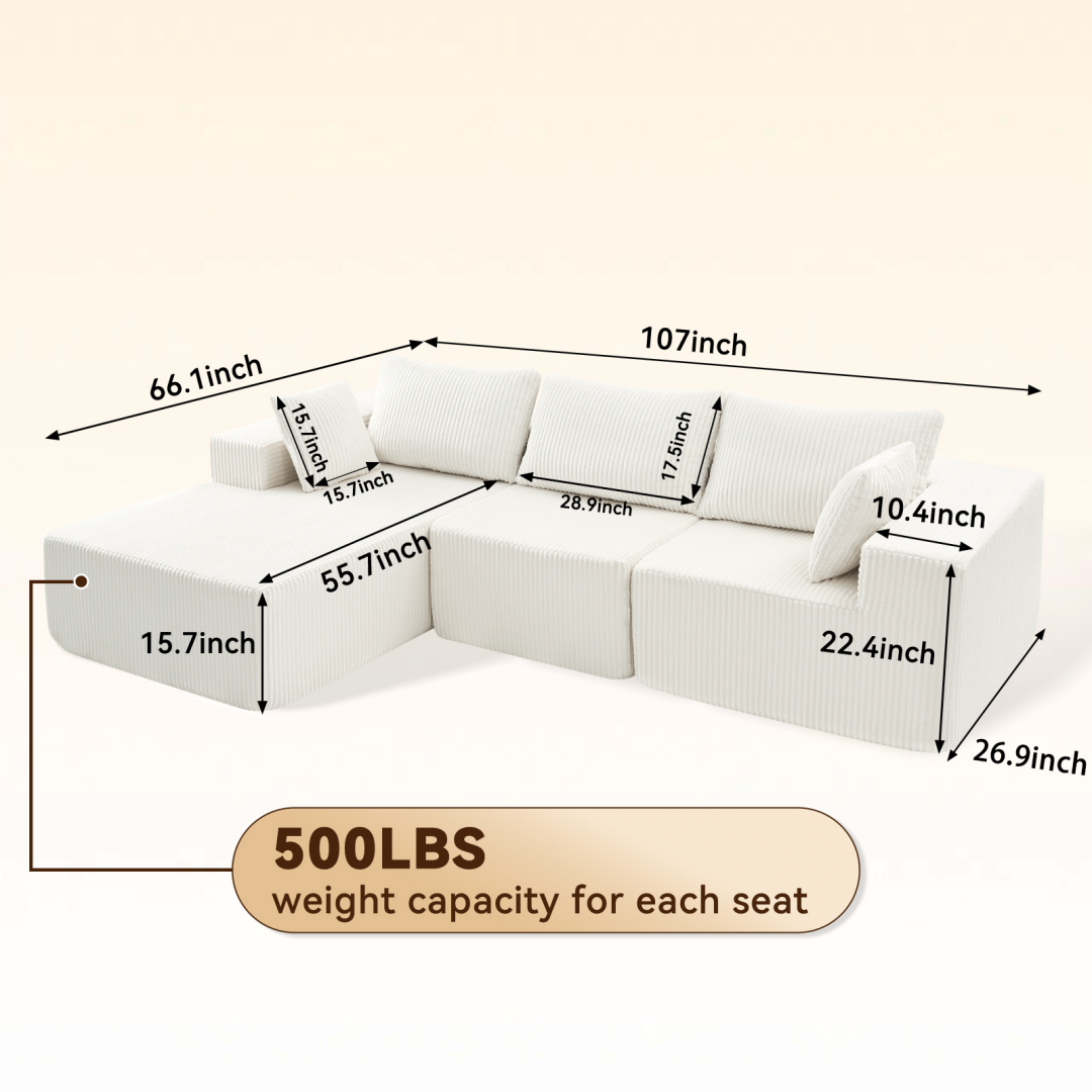 Modular L-Shaped Sofa with Lounge Chair - Beige, Left Side
