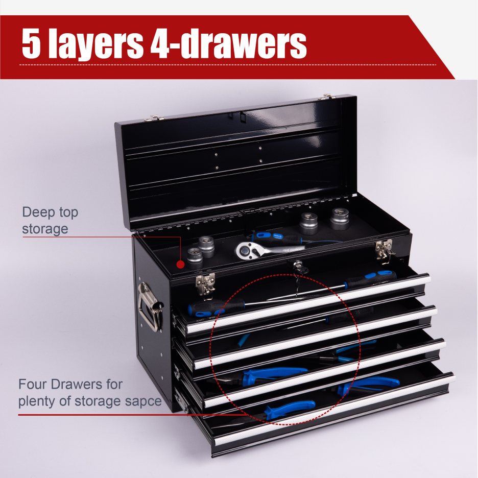 Heavy Duty Metal Tool Box with 4 Drawers - 21-Inch Portable Steel Organizer Black