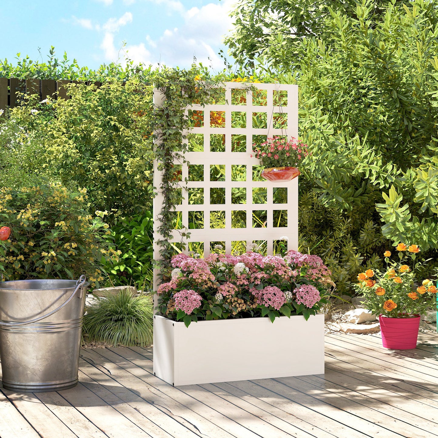 Galvanized Steel Raised Garden Bed with Trellis 24x9x44.5 Inches - White
