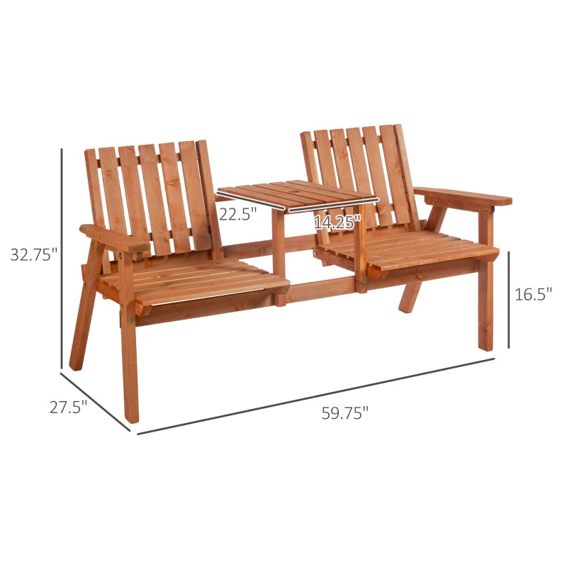 Wooden Patio Bench with Middle Table & Umbrella Hole - Orange