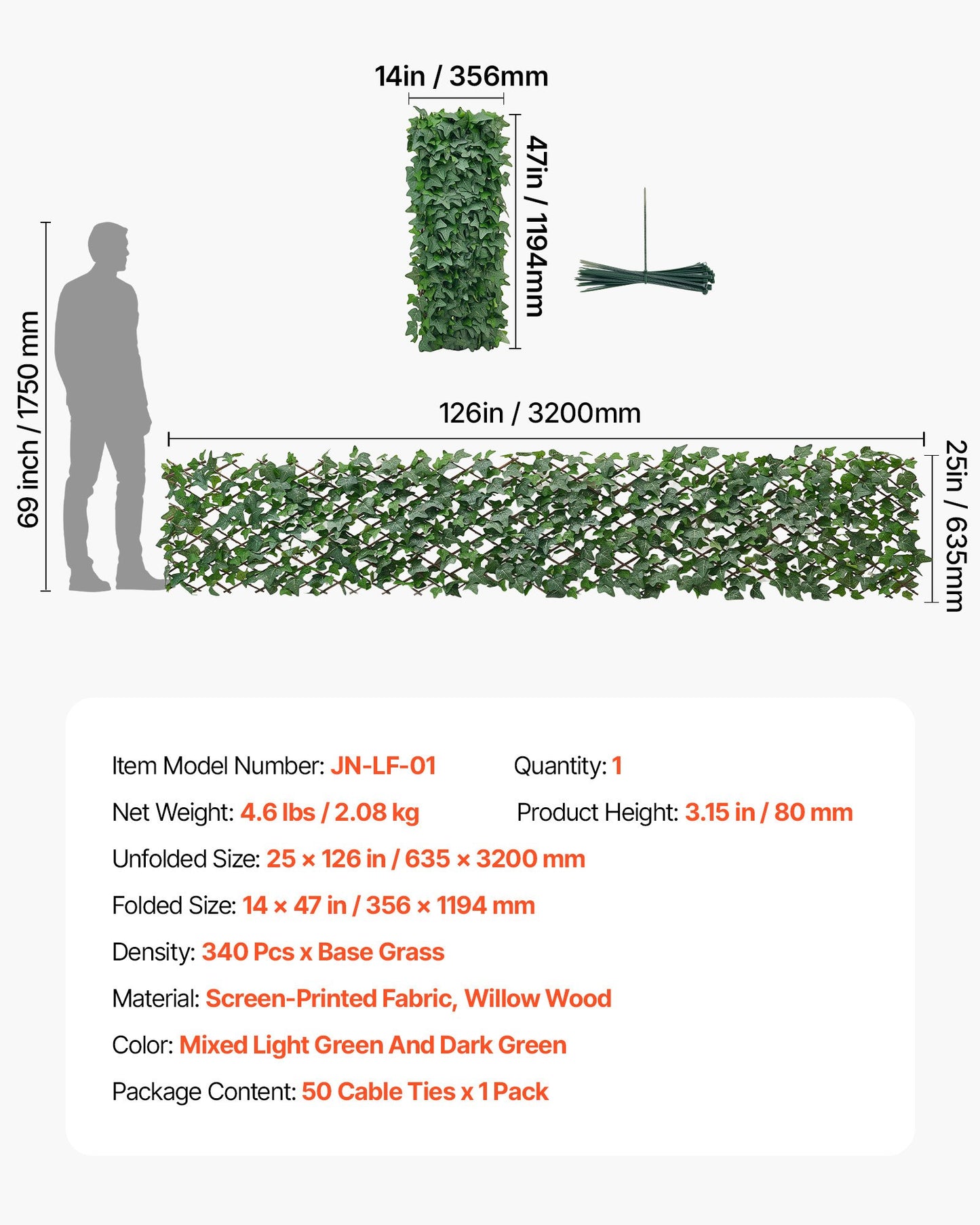 Expandable Privacy Fence Screen with Artificial Ivy Wall - 25x126 Inches, Black