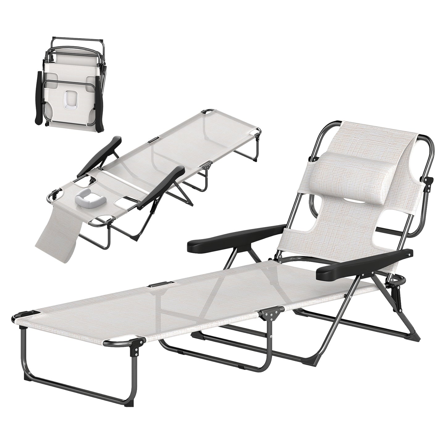 Folding Lounge Chair with Reclining Back - Cream White