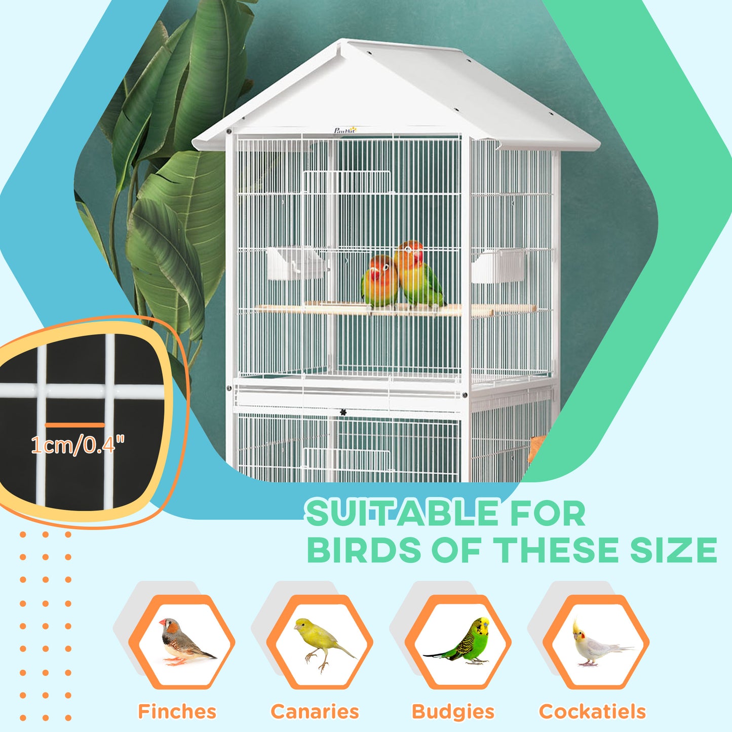 White Metal Bird Cage with Rolling Stand for Small to Medium Birds 67" H