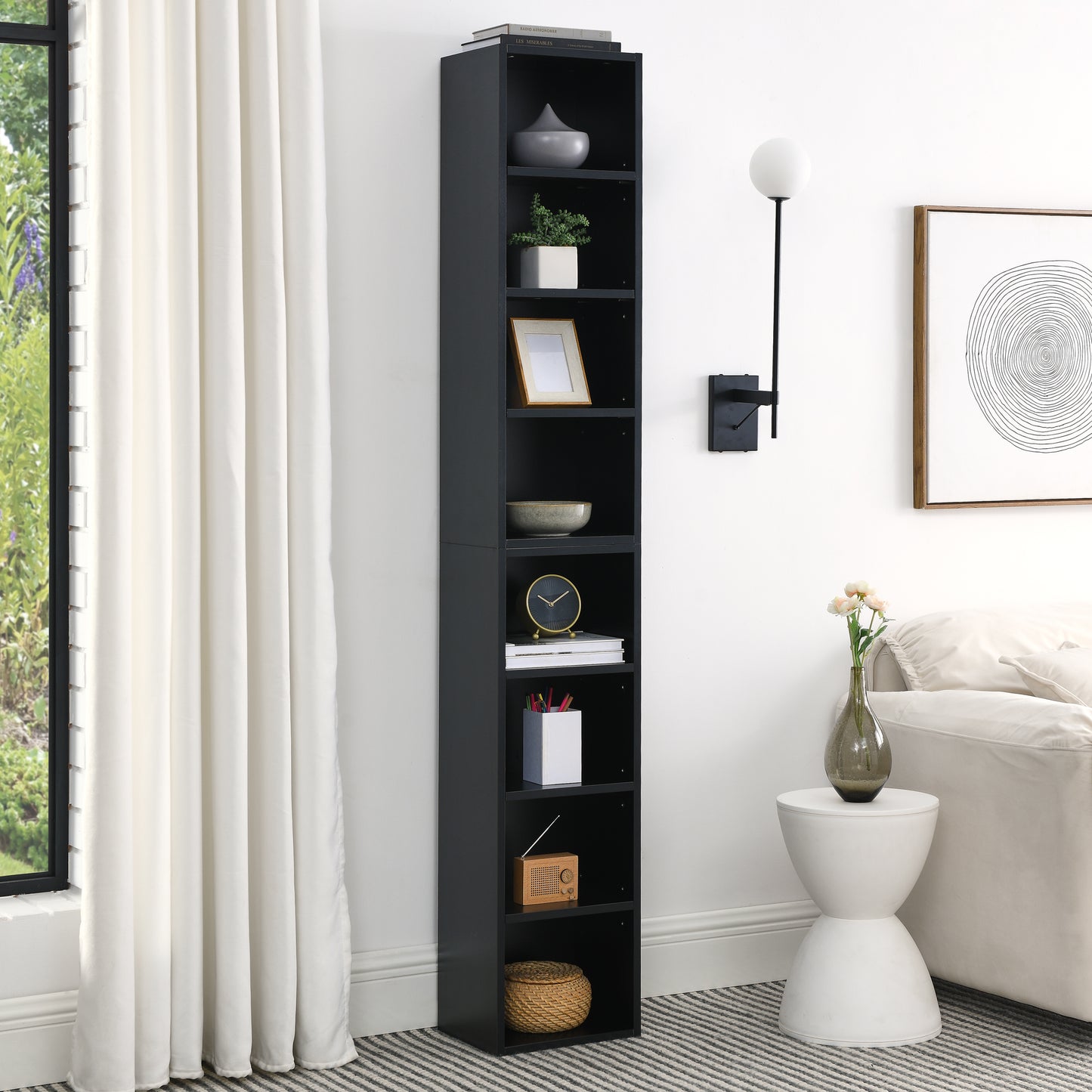 8-Tier Media Tower Rack - Slim Storage Cabinet with Adjustable Shelves - Black