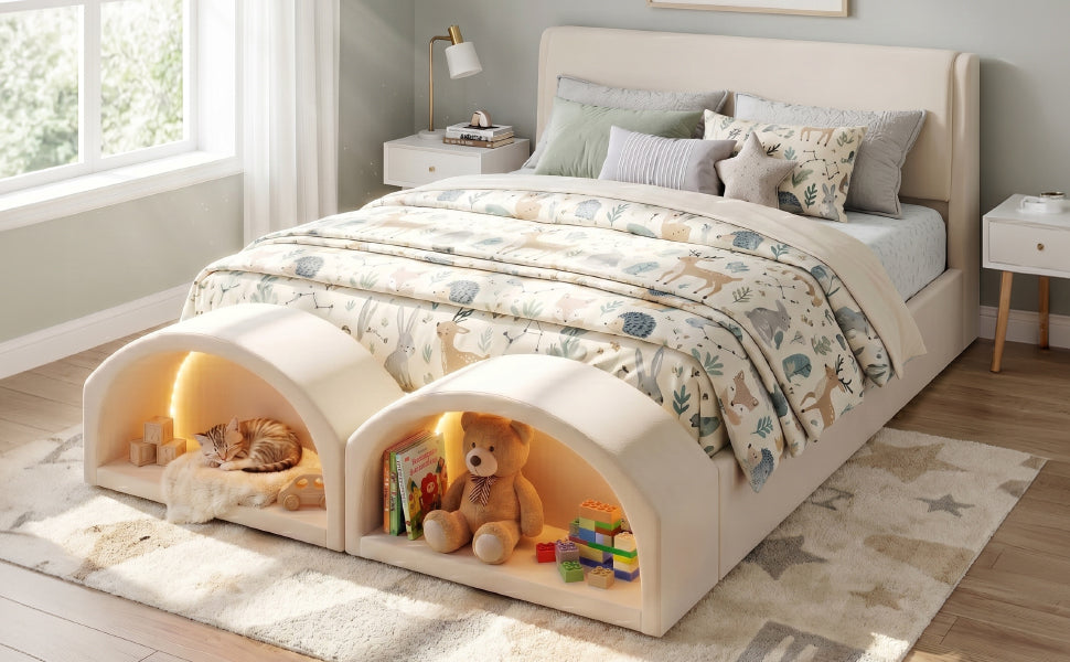 Queen Size Upholstered Platform Bed Frame with Dual Cat Caves & LED Pet Nests - Beige