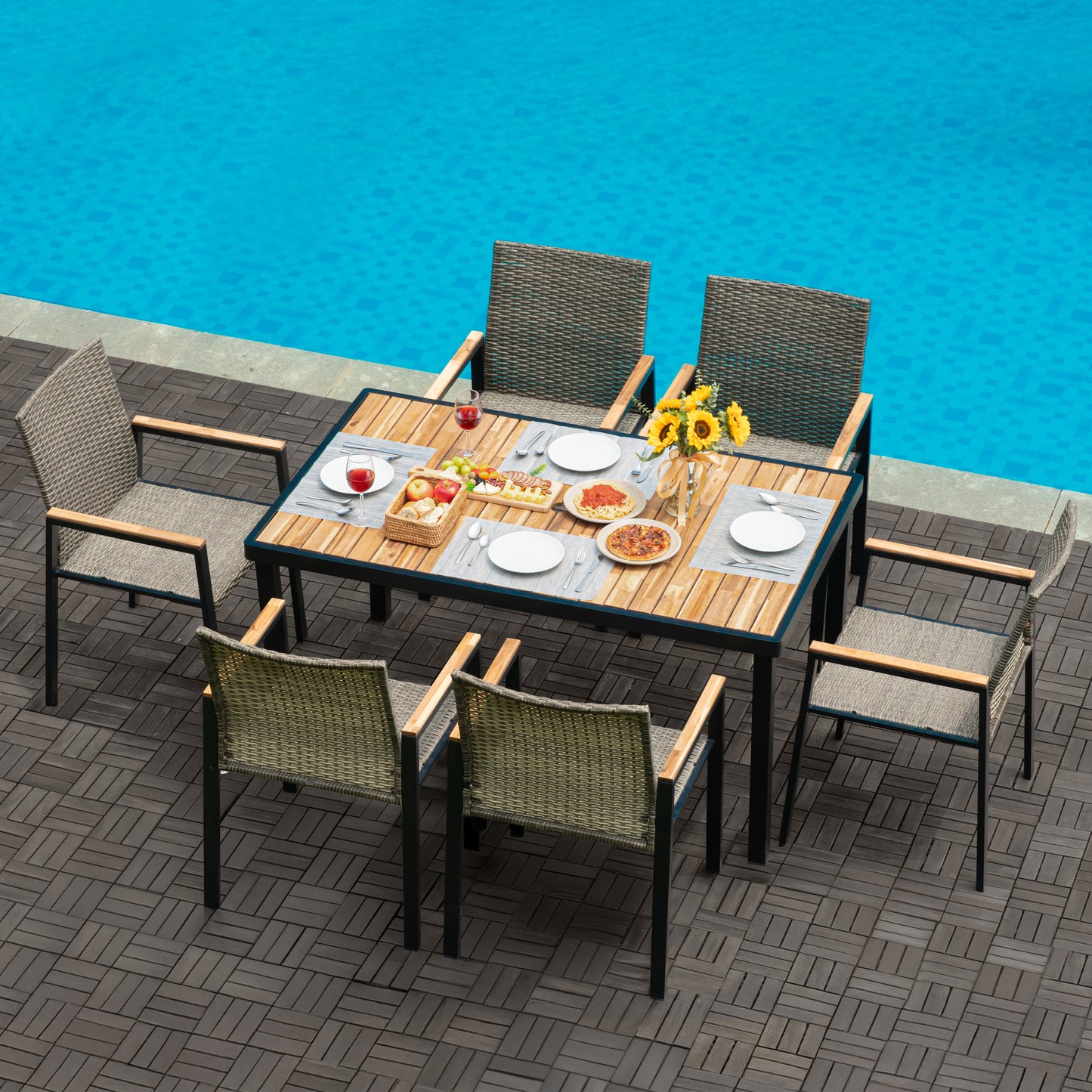 7-Piece Outdoor Dining Set with Acacia Wood Table & Rattan - Brown Gray