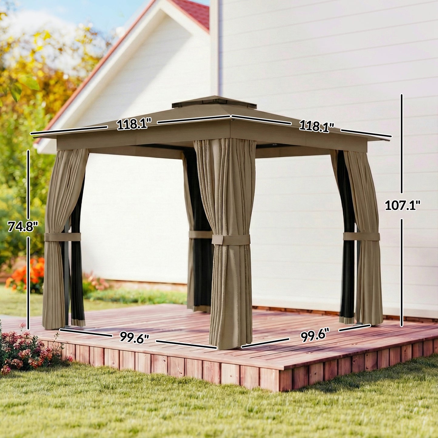 10x10 Outdoor Gazebo Canopy with Curtains and Netting - Khaki
