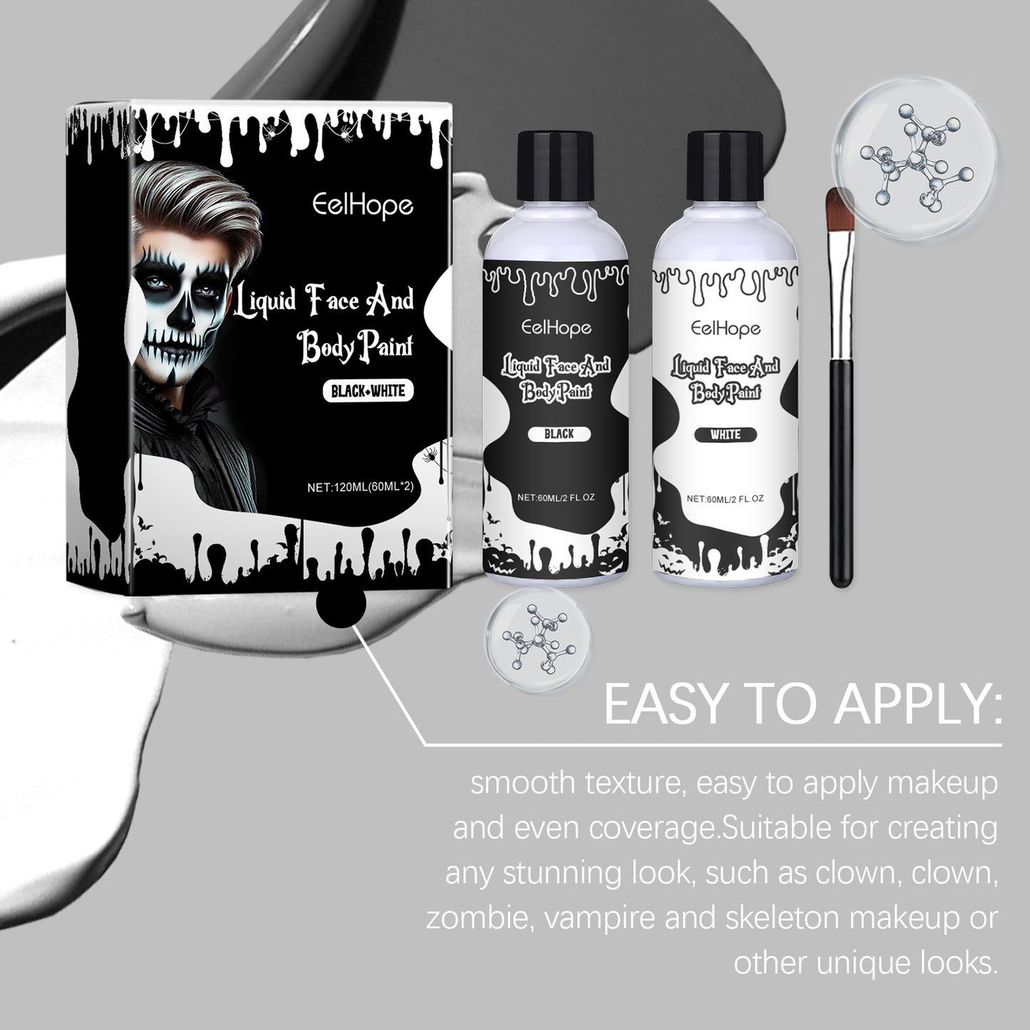 Black and White Liquid Face & Body Paint Set - Halloween Makeup Kit