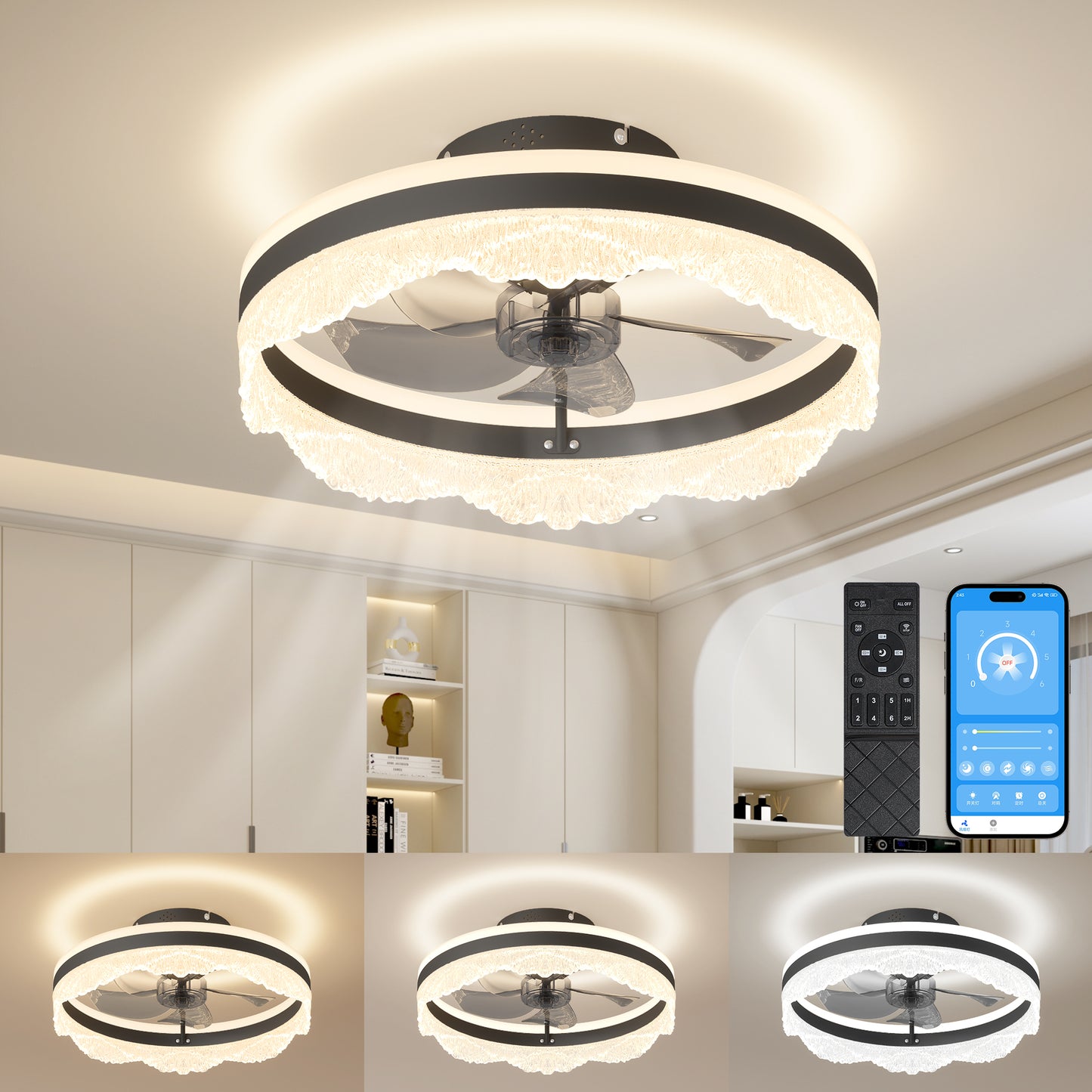Quiet Ceiling Fan with Light - LED Crystal Flush Mount Design