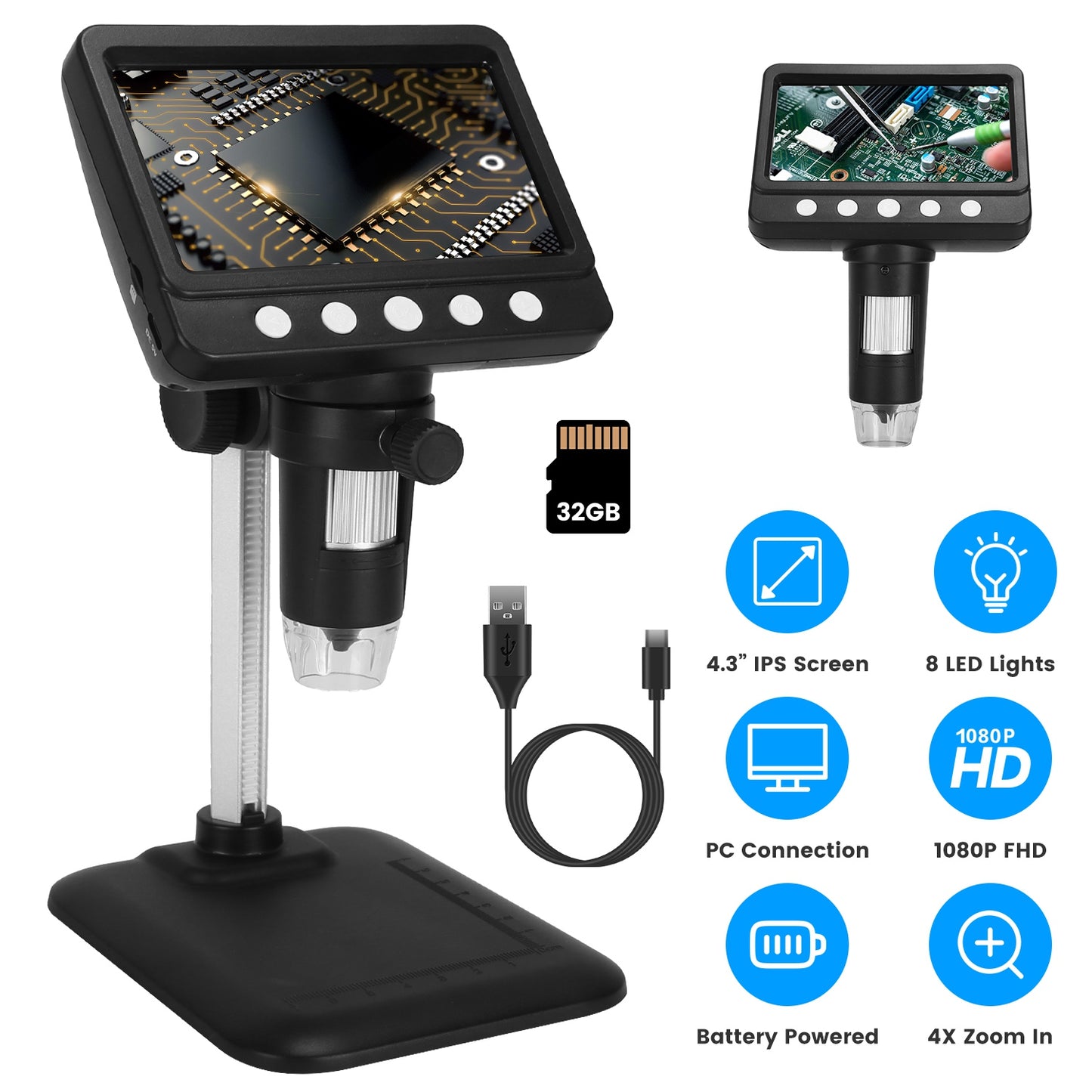 Digital Microscope 4.3 Inch LCD 1000X Magnification Photo Video with 8 LED Lights