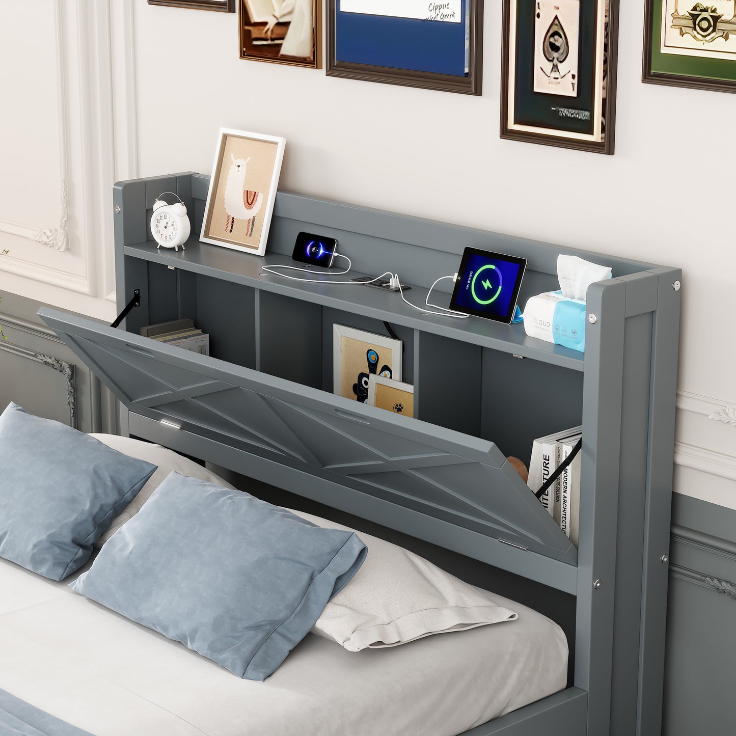 Twin Size Wooden Bed With Storage Headboard Outlets, Extendable