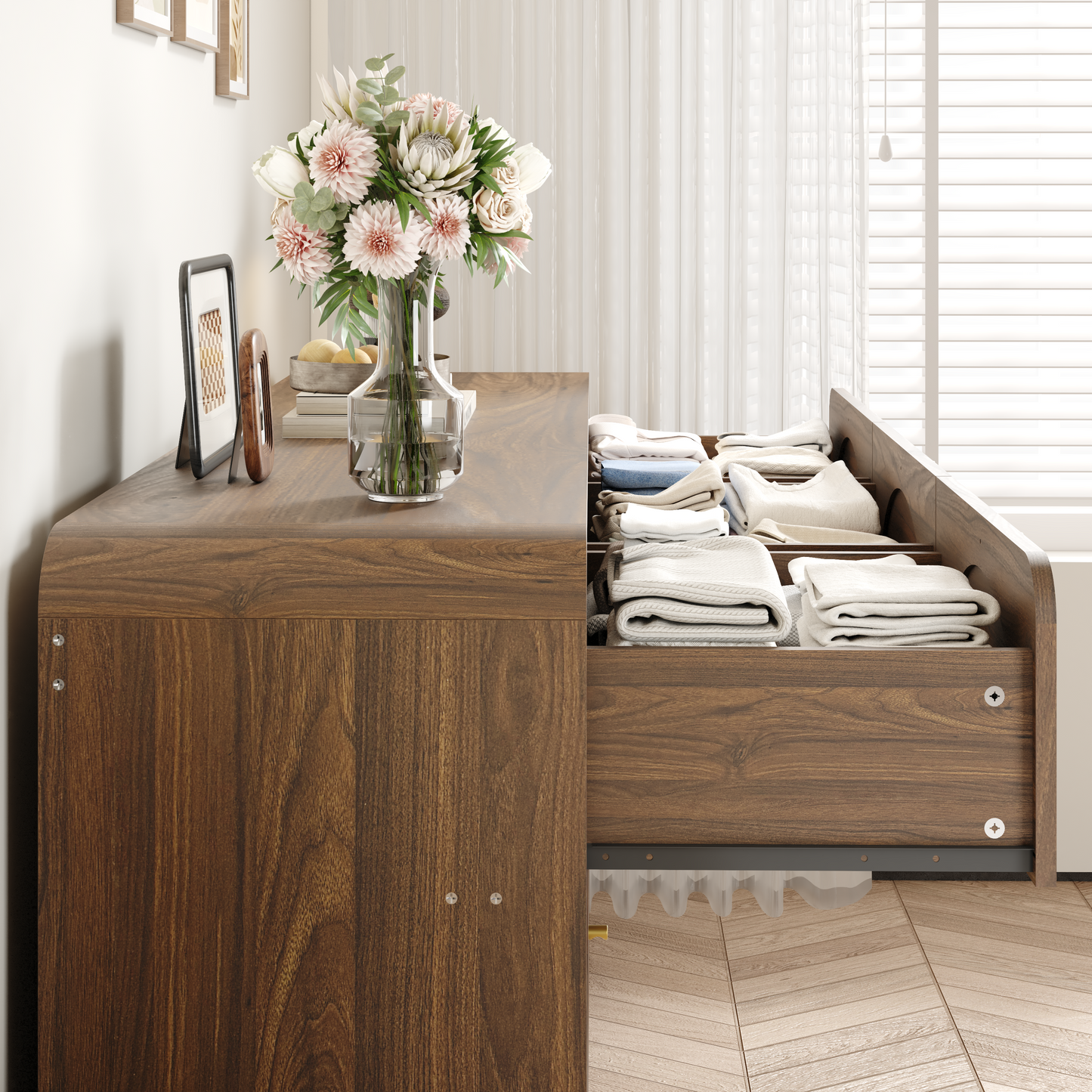 Modern 9-Drawer Dresser with Rattan Front - Walnut Finish
