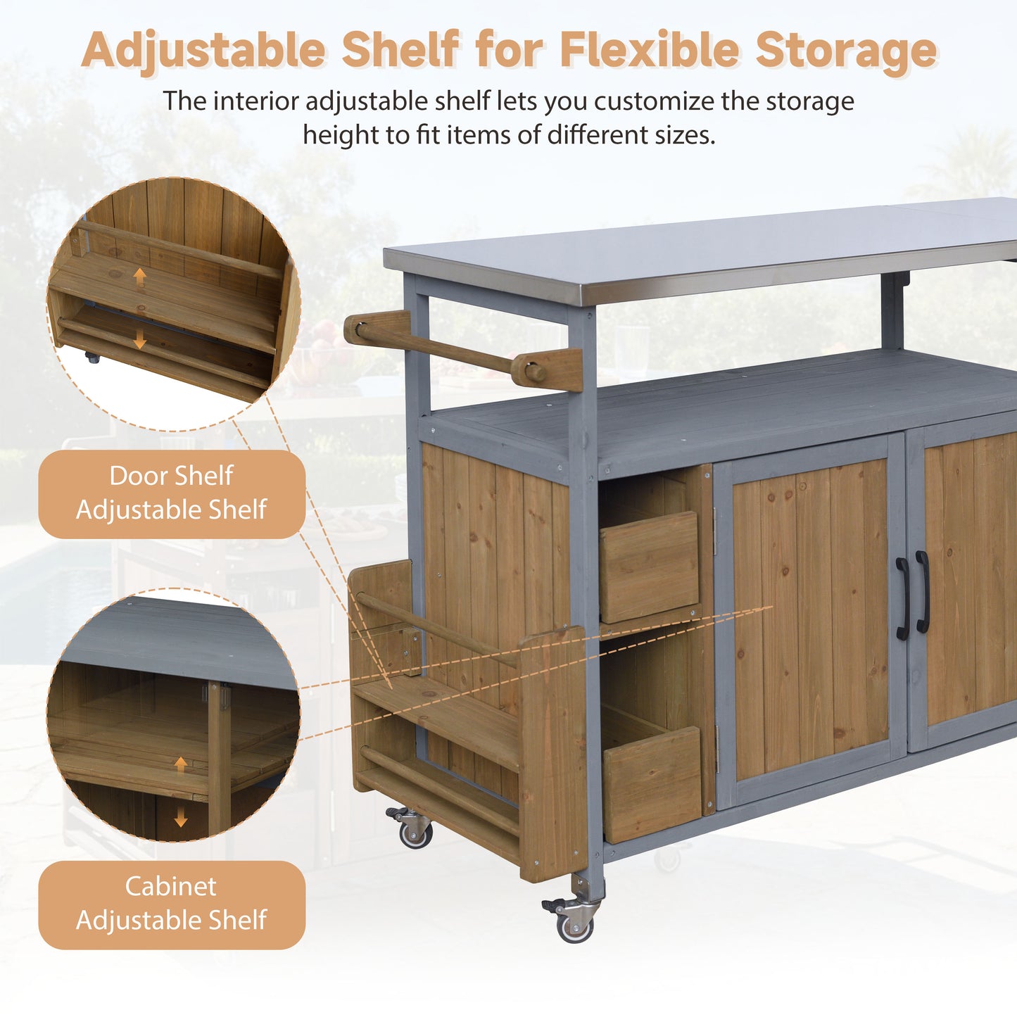 54.33 Farmhouse Rolling Outdoor Kitchen Cart, Solid Wood Frame With