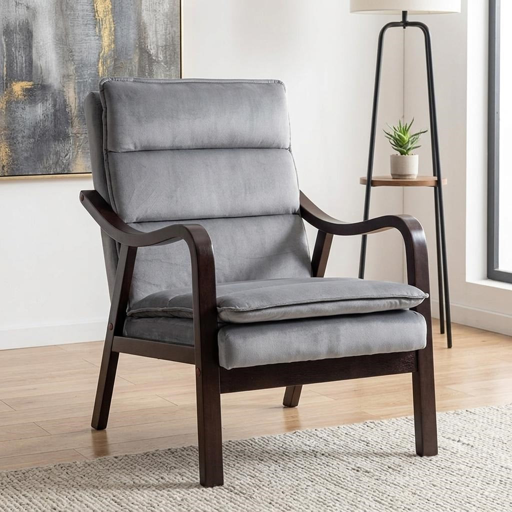 Mid-Century Modern Grey Accent Chair With Wood Armrest, Upholstered