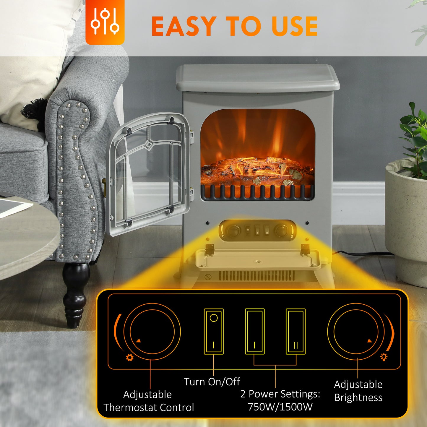 Electric Fireplace Heater with Realistic LED Flames, Logs, 725W/1450W - Gray