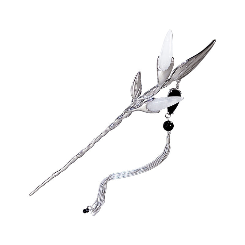Silver Bamboo Leaf Hairpin with Tassel