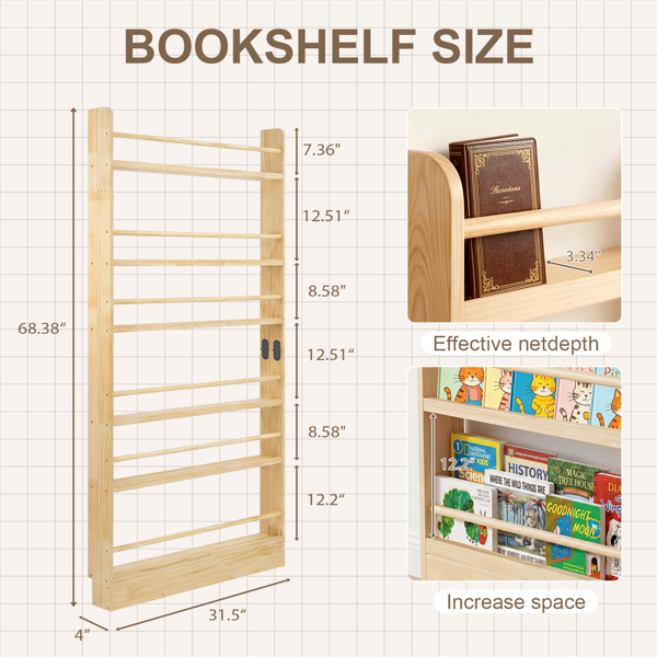 6-Tier Wooden Bookshelf - Slim Behind Door Storage for Kids