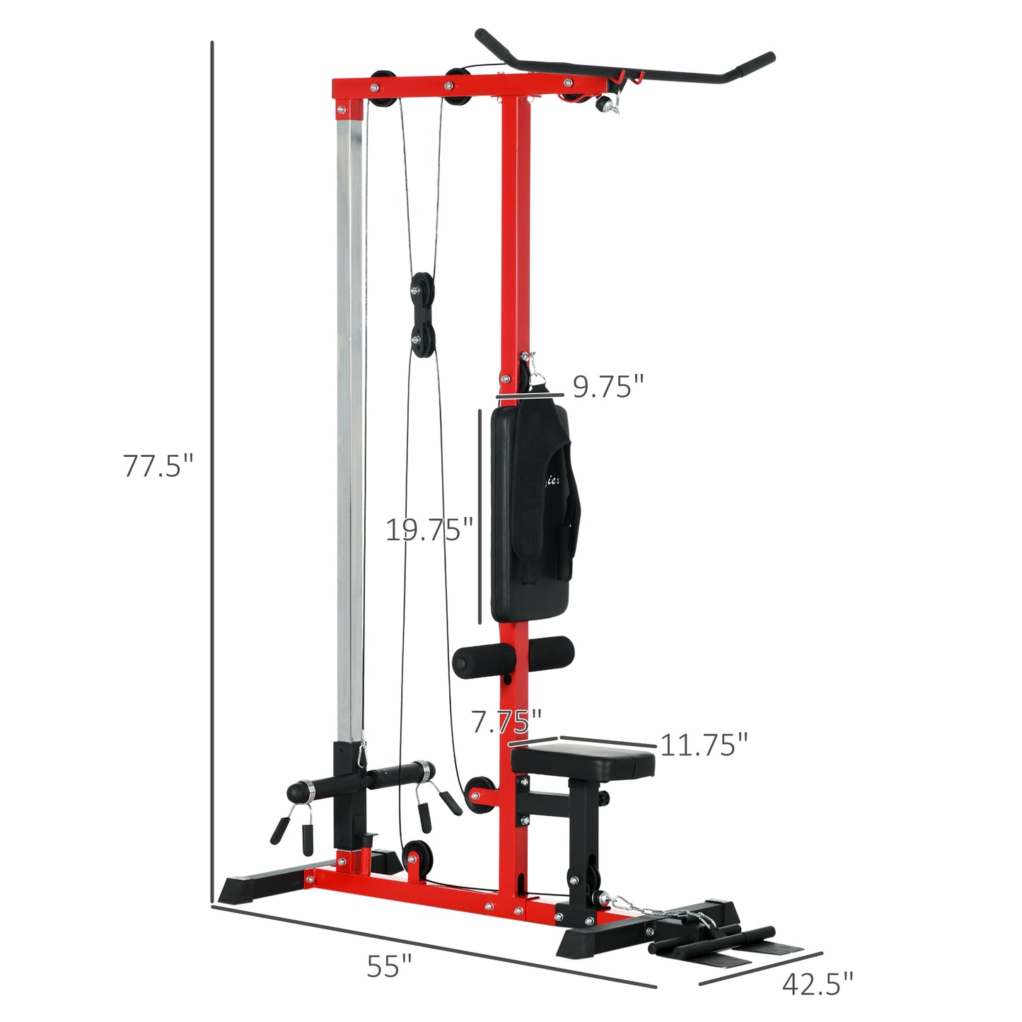 Lat Pulldown Machine with Adjustable Seat & Low Row Pulley - Red