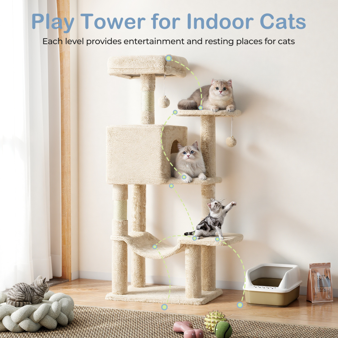 44-Inch Multi-Level Cat Tree Tower with Scratching Posts, Platforms & Hammock