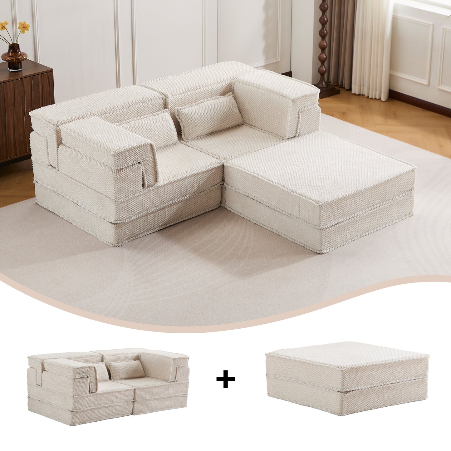 Convertible Floor Sofa Bed - White Modular Sectional with Ottoman