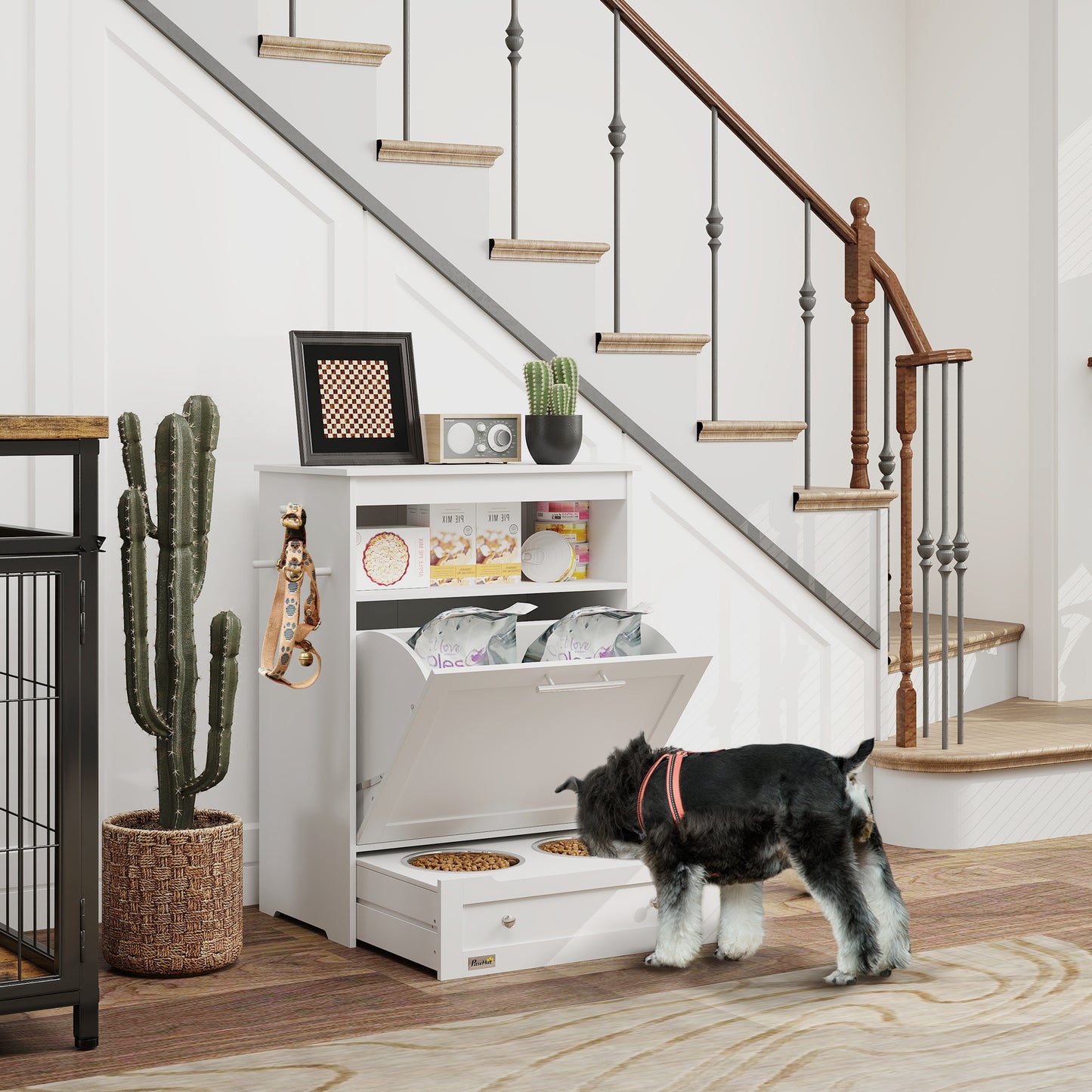 Pet Food Storage Cabinet with Raised Bowls and Storage Shelves - White