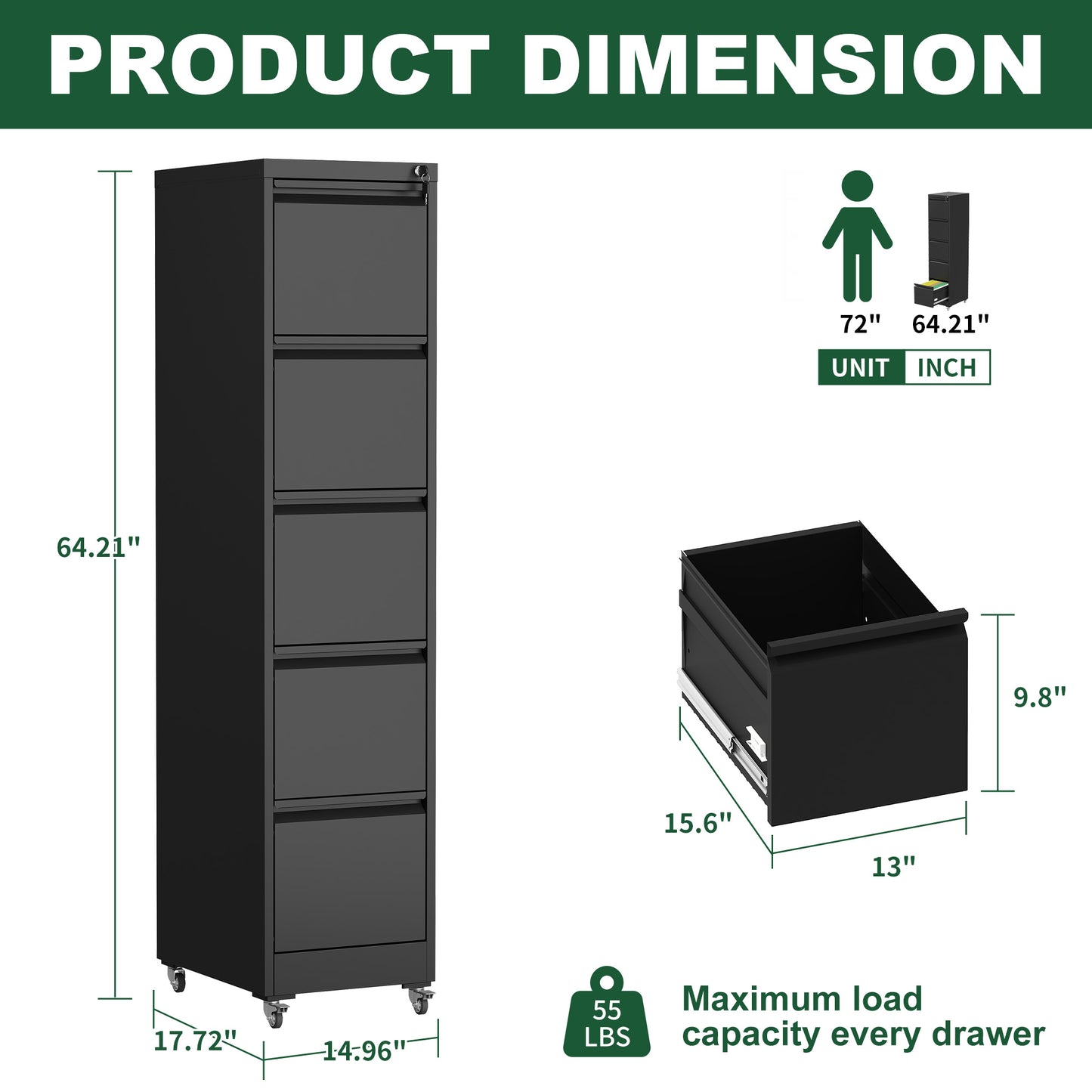 5 Drawer Metal Vertical File Cabinet With Lock On Wheels For Home