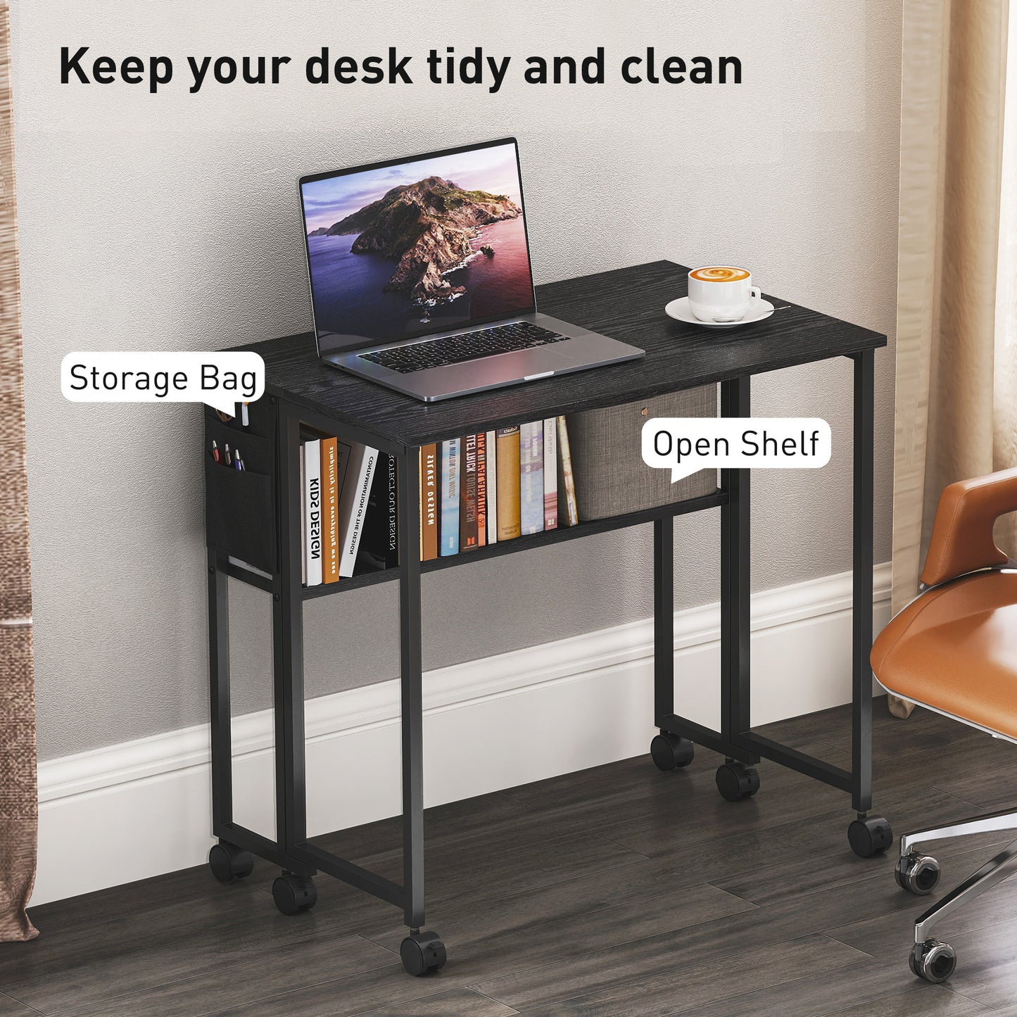 Folding Computer Desk with Storage Bag and Wheels - Black