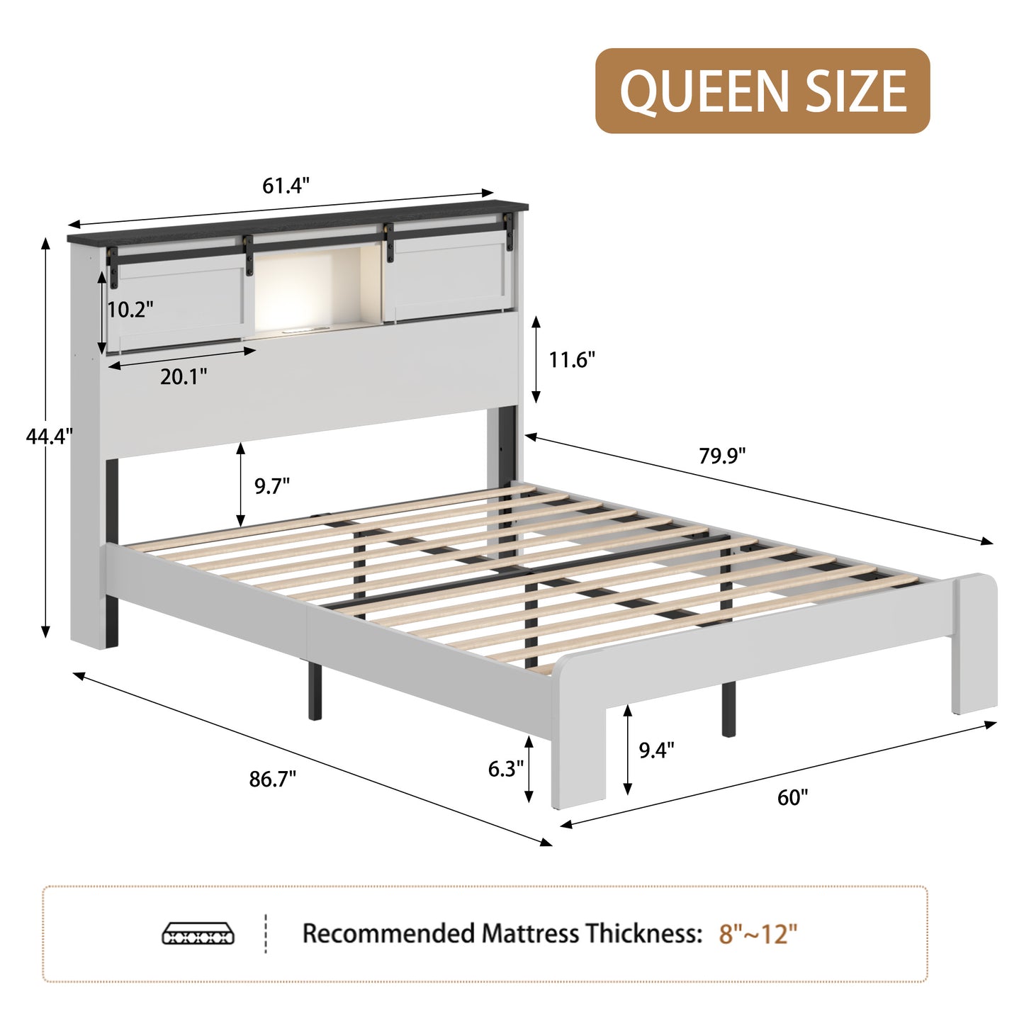 Queen Metal Platform Bed Frame with USB Charging Station - White