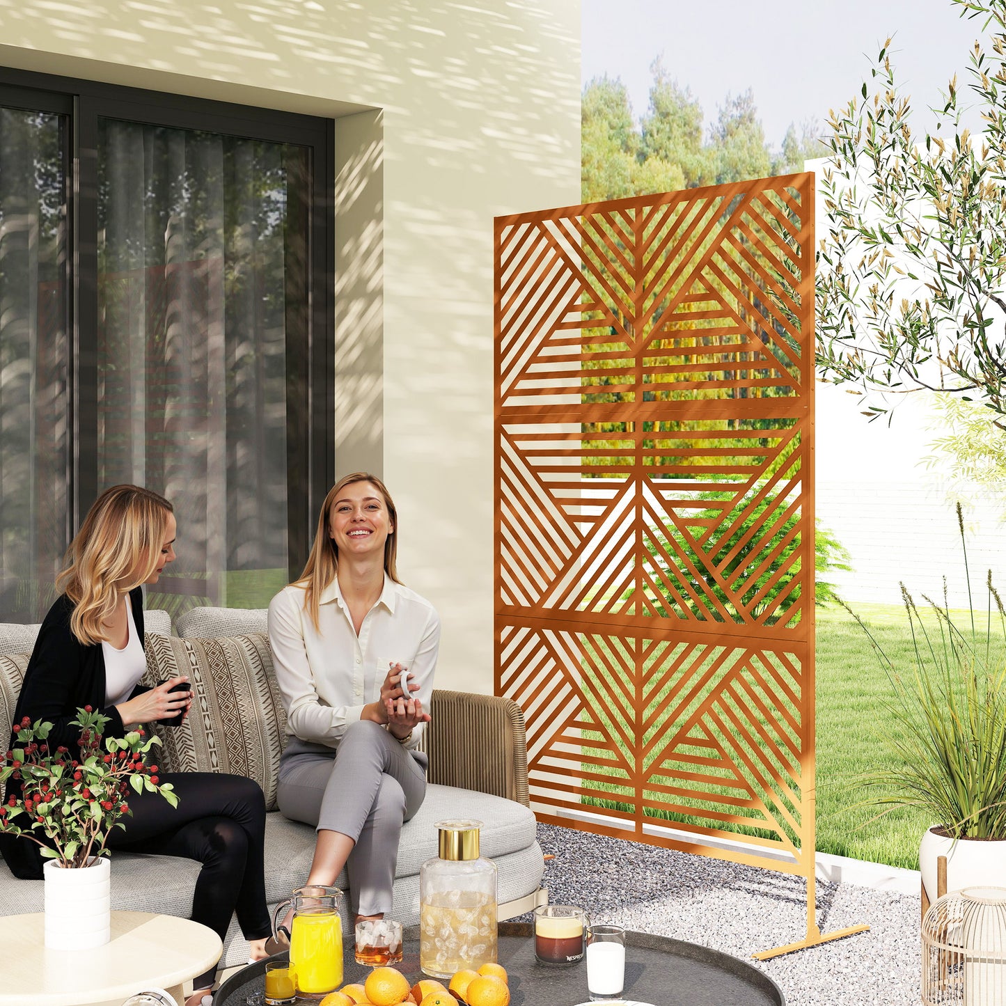 Outdoor Privacy Screen with Trellis - Brown Rhombus Design