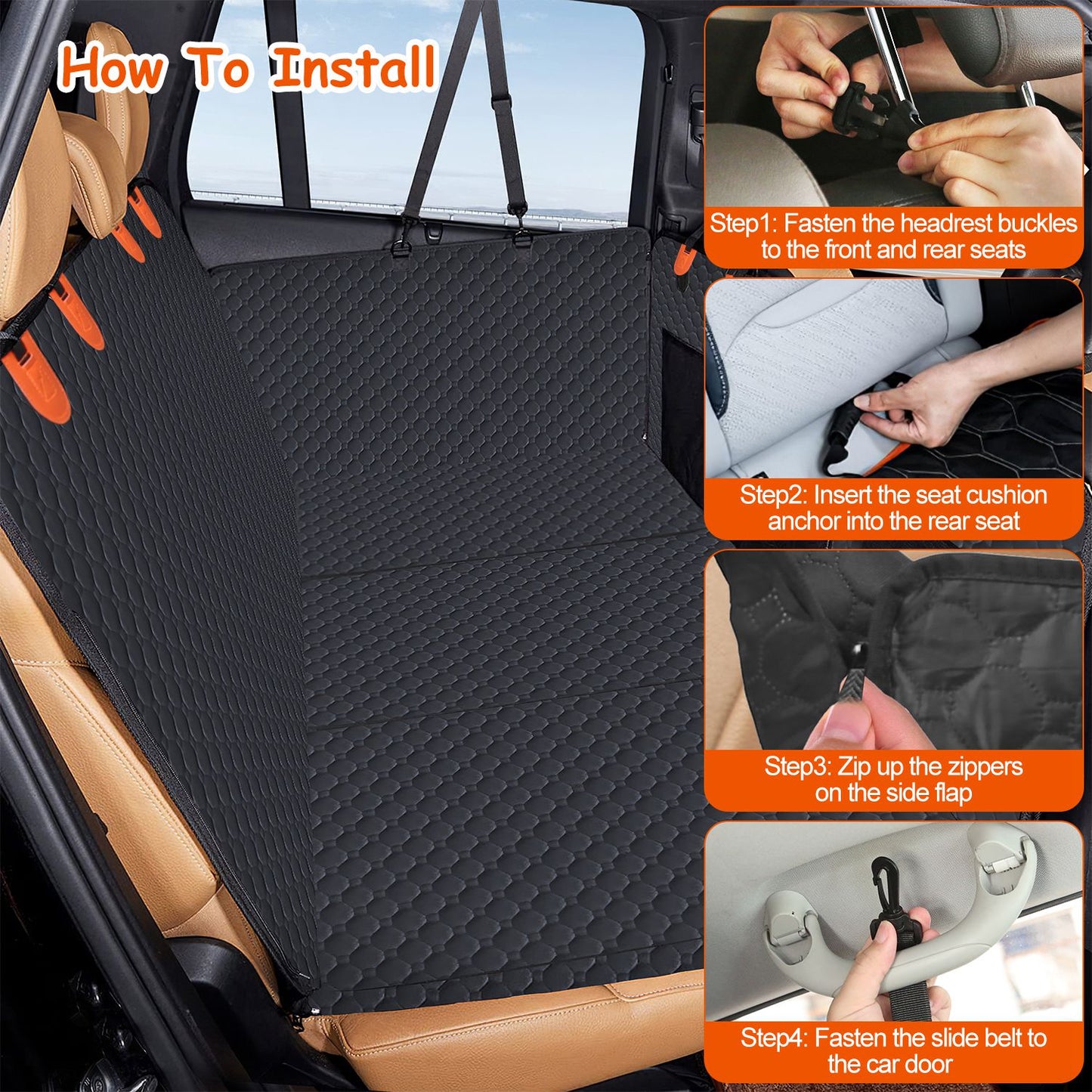 Waterproof Dog Car Seat Cover with Mesh Window & Storage Bags - Universal Fit