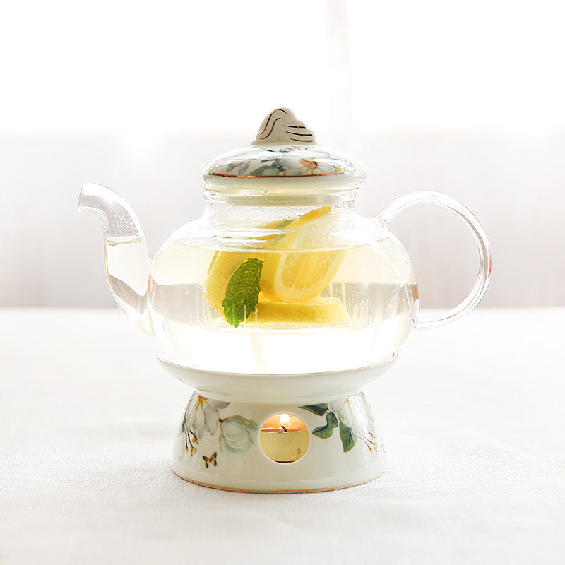 European Glass Fruit Tea Teapot with Candle Heating - Bone China, Heat-Resistant
