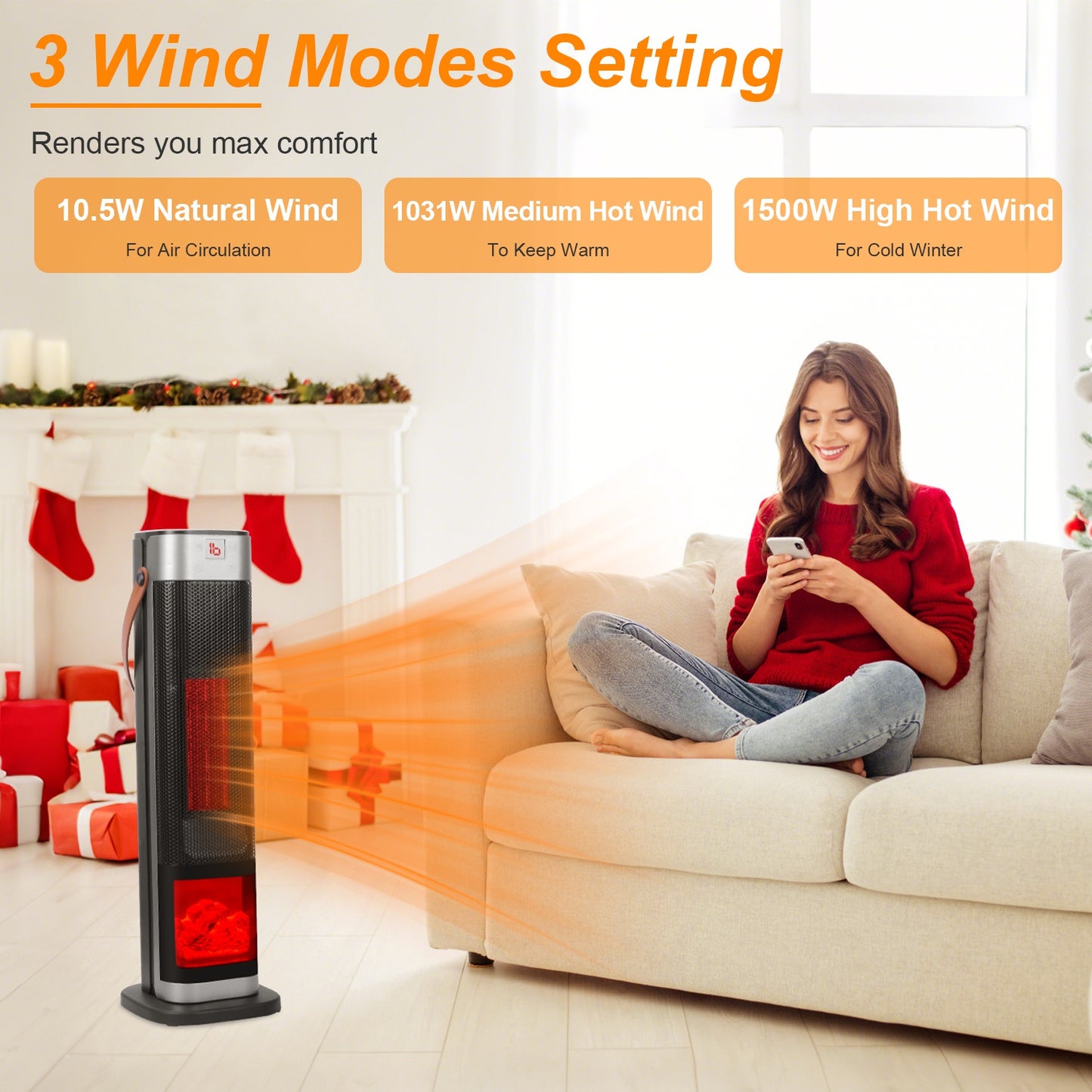 1500W Oscillating Space Heater with 3D Flame Effect, Remote, Timer, Black