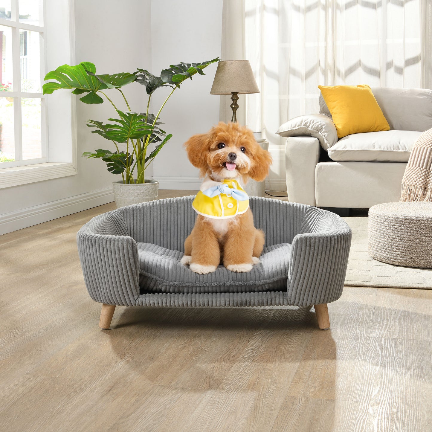 Small Dog Elevated Bed Frame with Corduroy Cushion & Rubber Wood Legs - Grey
