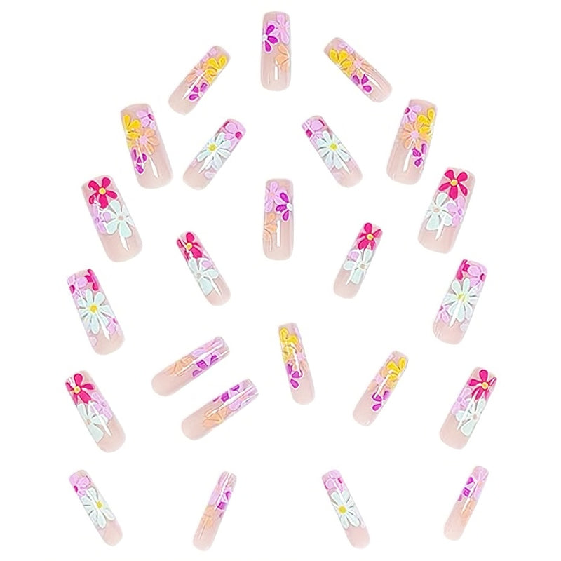 24-Piece Long Square Press-On Nails with Floral Art Design